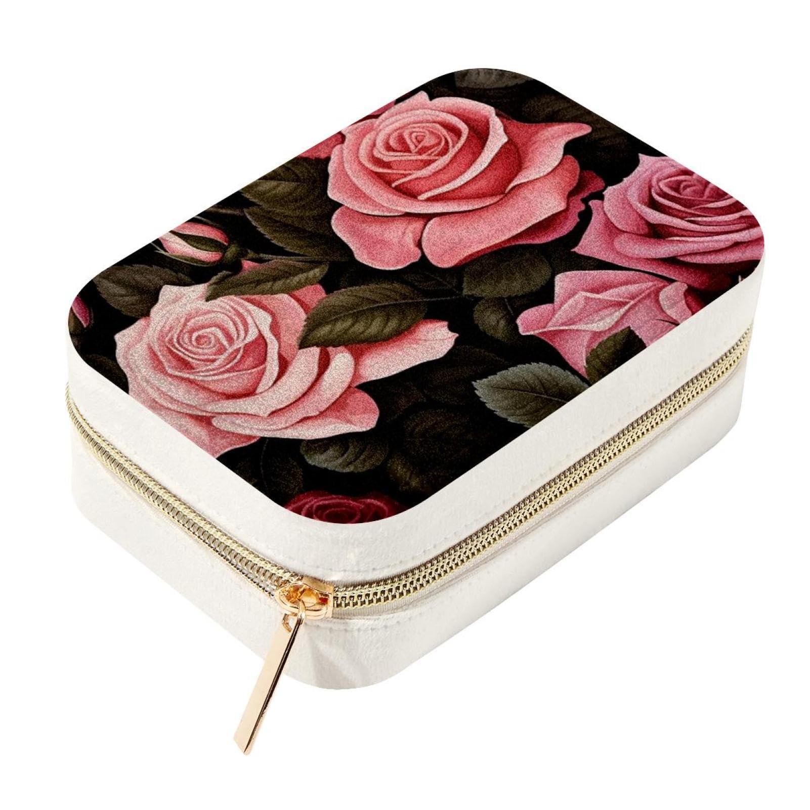 Boîte à bijoux de voyage velours rose zippée pour rangement collier bague
