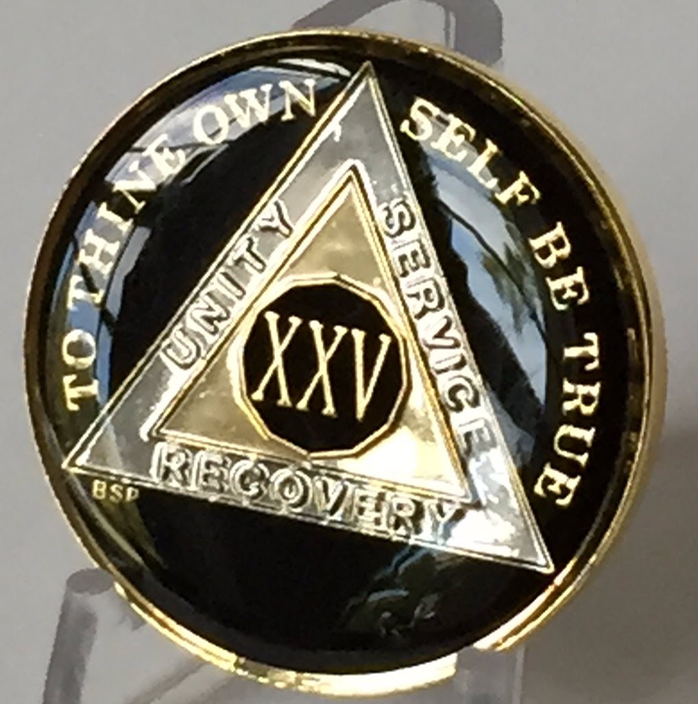 Bright Star Press25 Year Classic Black AA Alcoholics Anonymous Medallion Chip Tri Plate Gold & Nickel Plated Serenity Prayer