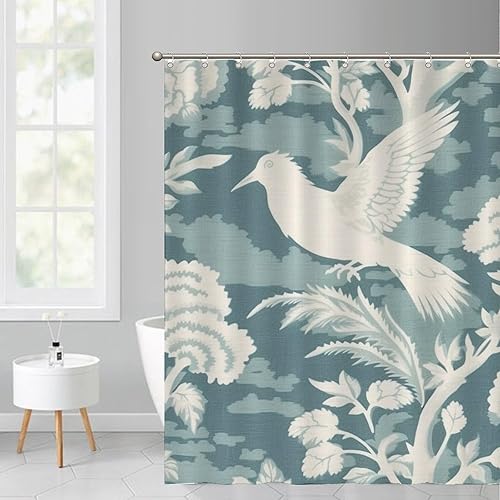 Miniatura 475 de Cortinas de ducha de baño con ganchos, 72 x 92 pulgadas, cortina de ducha de tela impermeable con diseño de flores y pájaros, cortina de ducha