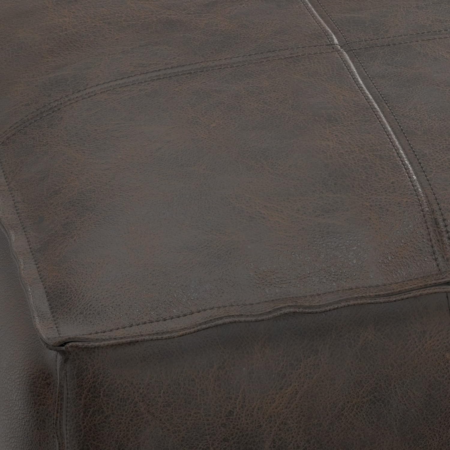 SIMPLIHOME Sheffield Square Pouf - 18" Wide x 14" High Genuine Leather Ottoman in Distressed Dark Brown, Boho-Style Footrest, Extra Seating, or Accent Piece for Living Room or Bedroom, Assembled