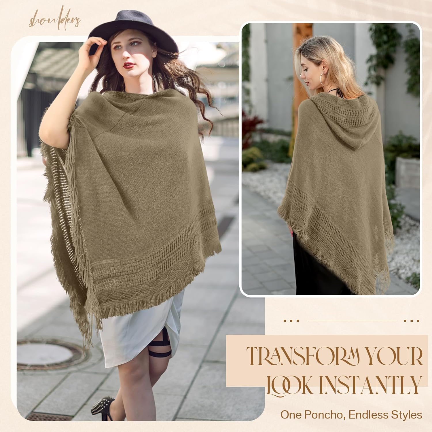 Women Hooded Cape Ponchos Sweater Solid Knit Versatile Lightweight Shawl Wrap Scarf Cape Poncho Accessories - Image 3