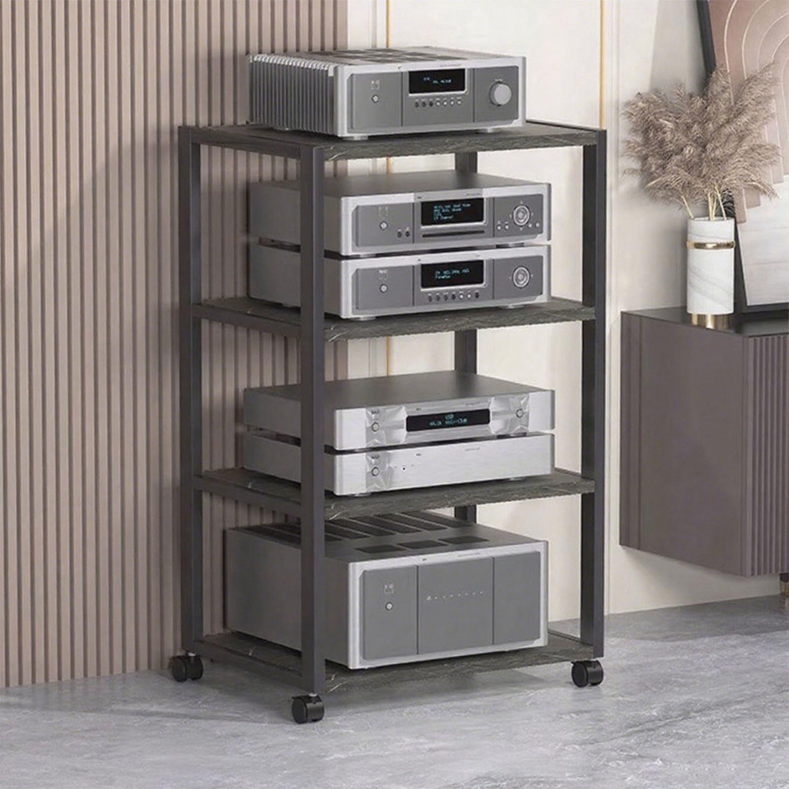 Mobilna półka HiFi z kółkami – stojak na audio-wideo do systemów stereo, multimedialna szafka do przechowywania, stojak 2-5-poziomowy do salonu, sypialni, akademika, wielofunkcyjny stojak