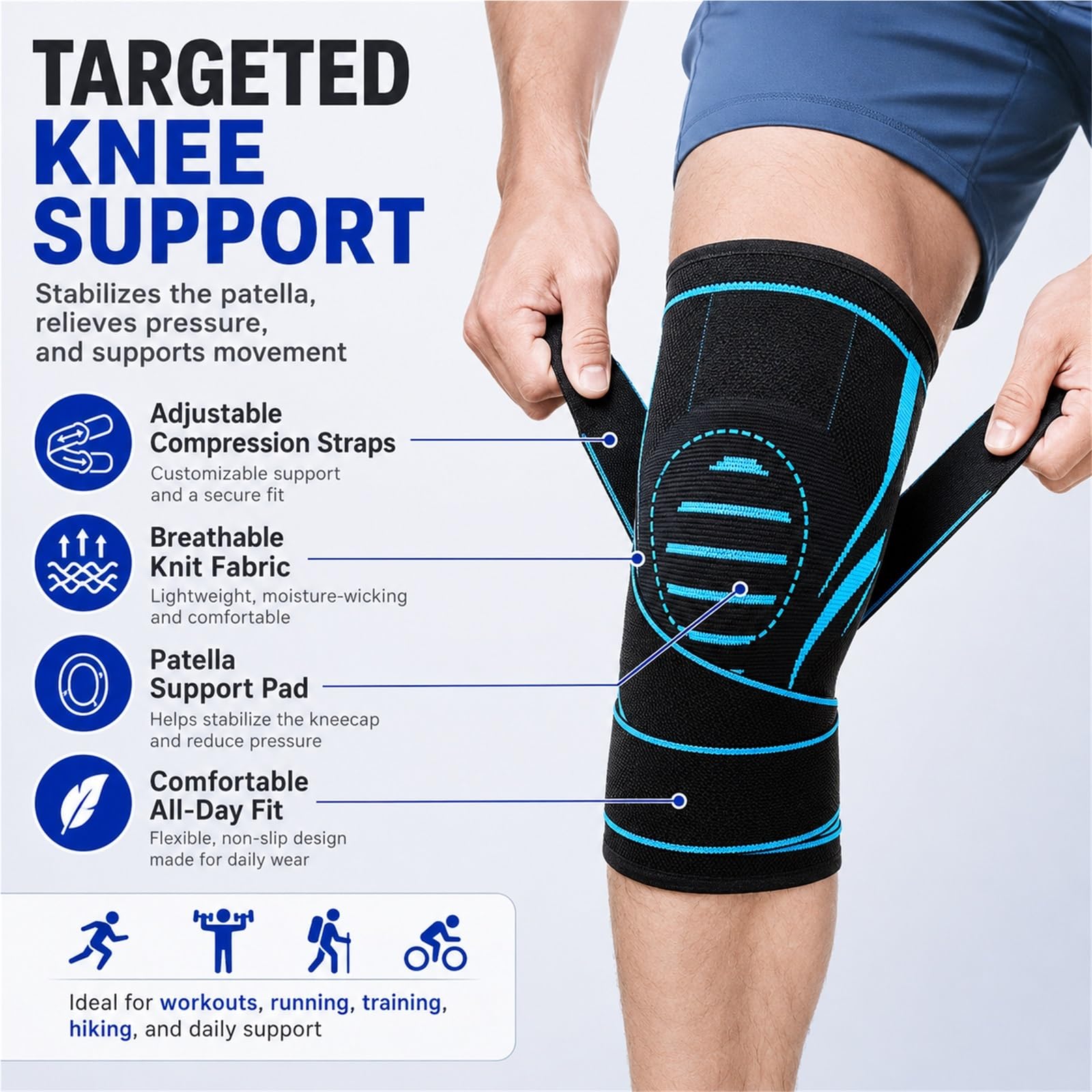Verstellbare Kniebandage mit Kniescheibenschutz und Kompressionsmanschette für Laufen, Volleyball, Radfahren und andere Sportarten. Orthopädische Knieschoner zur Linderung von Gelenkschmerzen und
