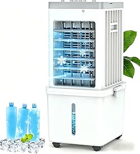 12L Evaporative Air Cooler, 4-in-1 Mobile Air Conditioner Fan & Humidifier, 3 Ice Packs, 60° Oscillation, Silent 35dB, 70W…
