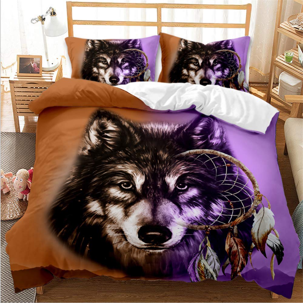 Housse de couette loup 135x200 parure de lit 3 pièces imprimé animal pour lit simple AB05