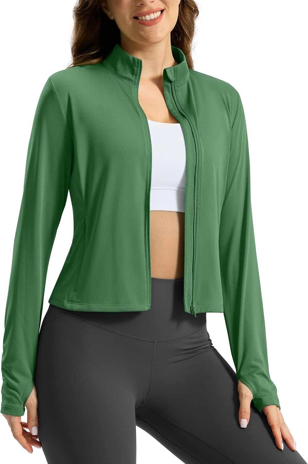 Soothfeel Women's UPF 50+ Sun Protection Athletic Jacket Lightweight Crop Zip Up Long Sleeve SPF Shirts Hiking Workout Pocket