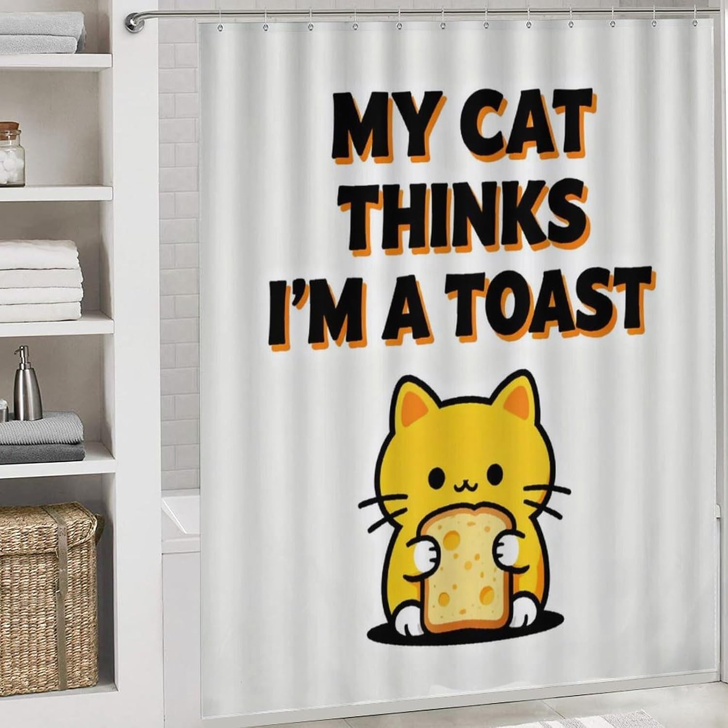 4 Piece Bathroom Rug Set with Shower Curtain, Non-Slip Bath Mat Toilet Cover Set, Holding A Hamburger Bathroom Rug Sets