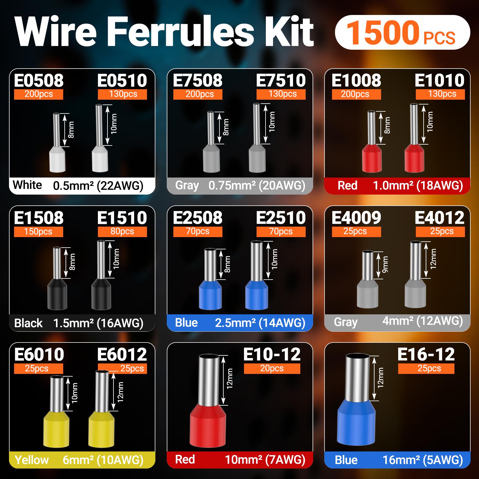 Preciva Kit di crimpatura per puntali, crimpatrice esagonale AWG 28-5 con cricchetto autoregolante, include 1500 puntali, per cablaggio industriale e terminali elettrici