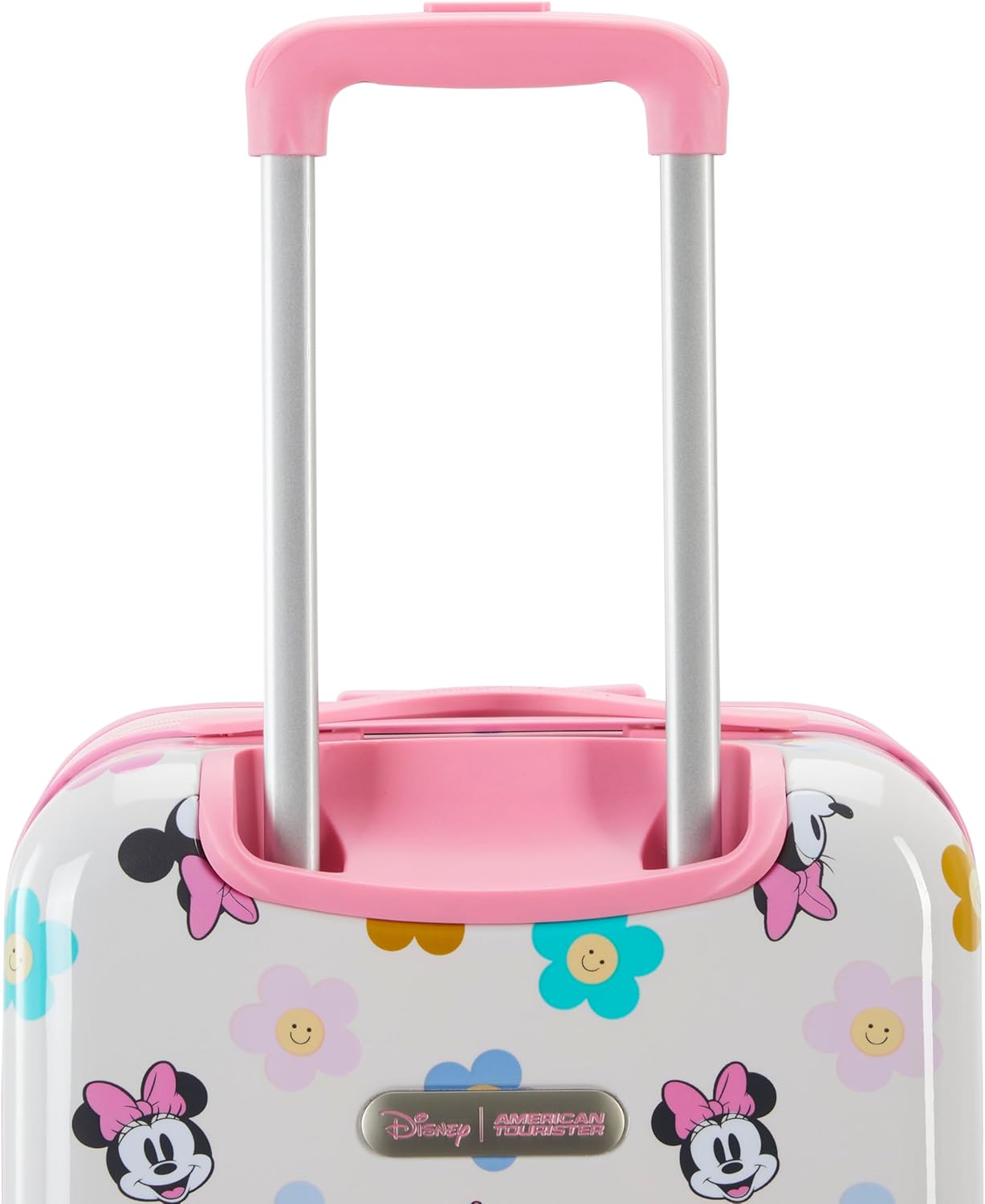 American Tourister Minnie Mouse Carry-On Luggage - Airline Approved, Durable Hardshell with Vibrant Minnie Mouse Design - Roll Confidentially with Spinner Wheels & Colorful Adjustable Handle