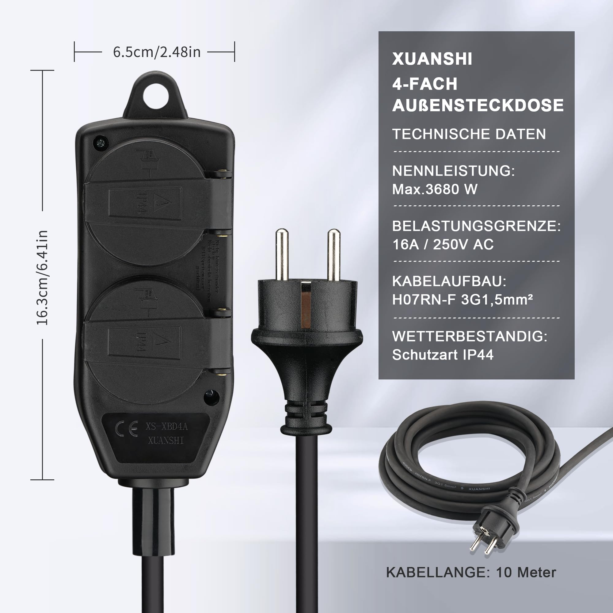 XUANSHI Bloque de 4 enchufes – IP44 para exteriores, con cable alargador de goma, enchufe exterior, distribuidor de enchufes para ambientes húmedos, distribuidor de corriente para jardín (10 m, negro)