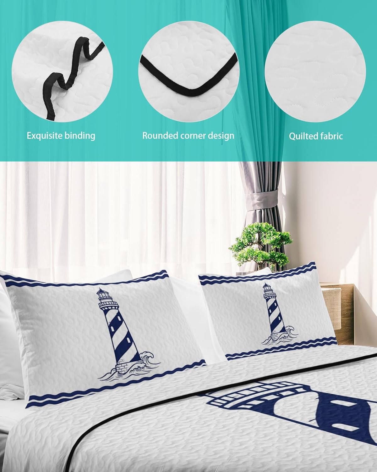 Queen Size Quilt Set, Coastal Nautical Lighthouse Sea Wave Lightweight Bedspread Coverlet Set Soft Microfiber Summer Quilt with 2 Pillow Shams, Navy Blue Water Ripple 3 Piece Comforter Bedding Set