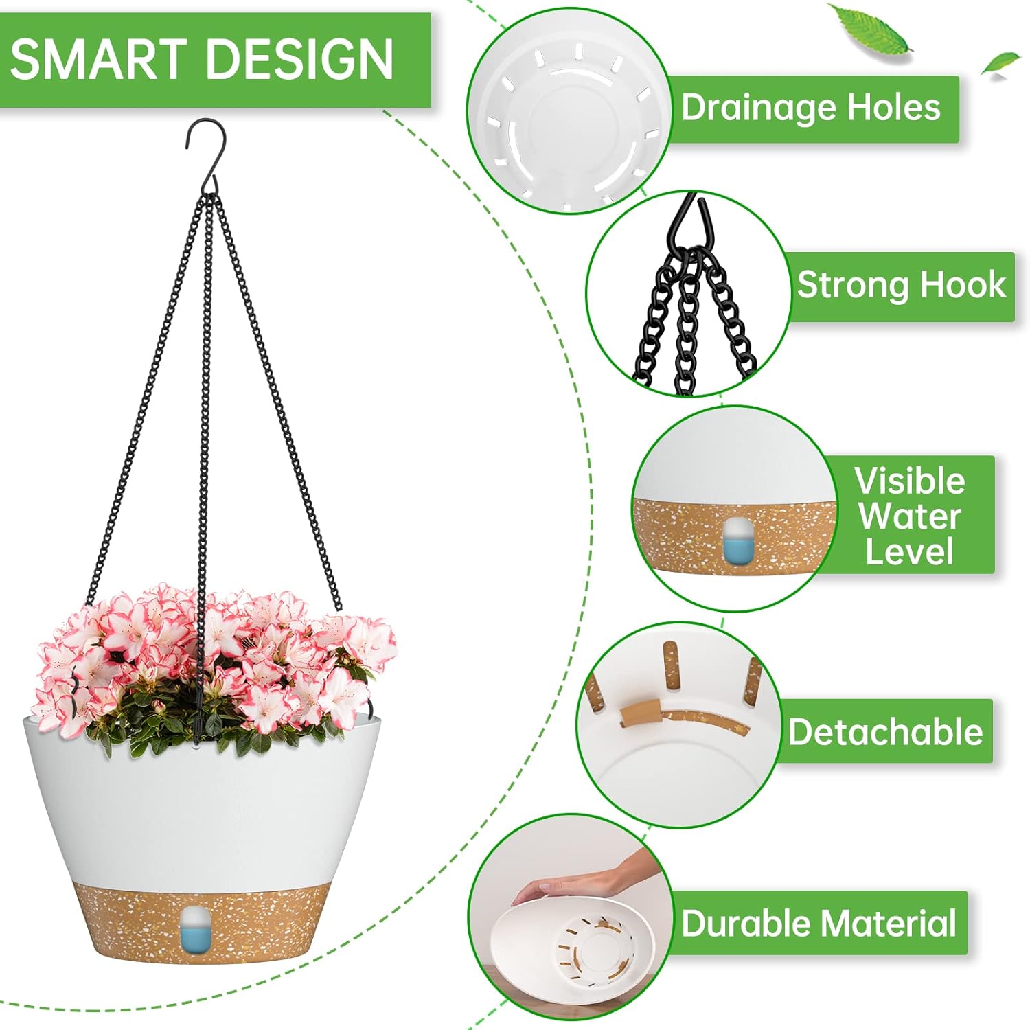 ZMTECH 2pcs 10 Inch Hanging Planter (White) for Indoor and Outdoor Plants Flower Pot with Visible Water Level Tray Self-Watering Plant Pot with Drainage Holes & Removable Saucer for Garden Home : Patio, Lawn & Garden
