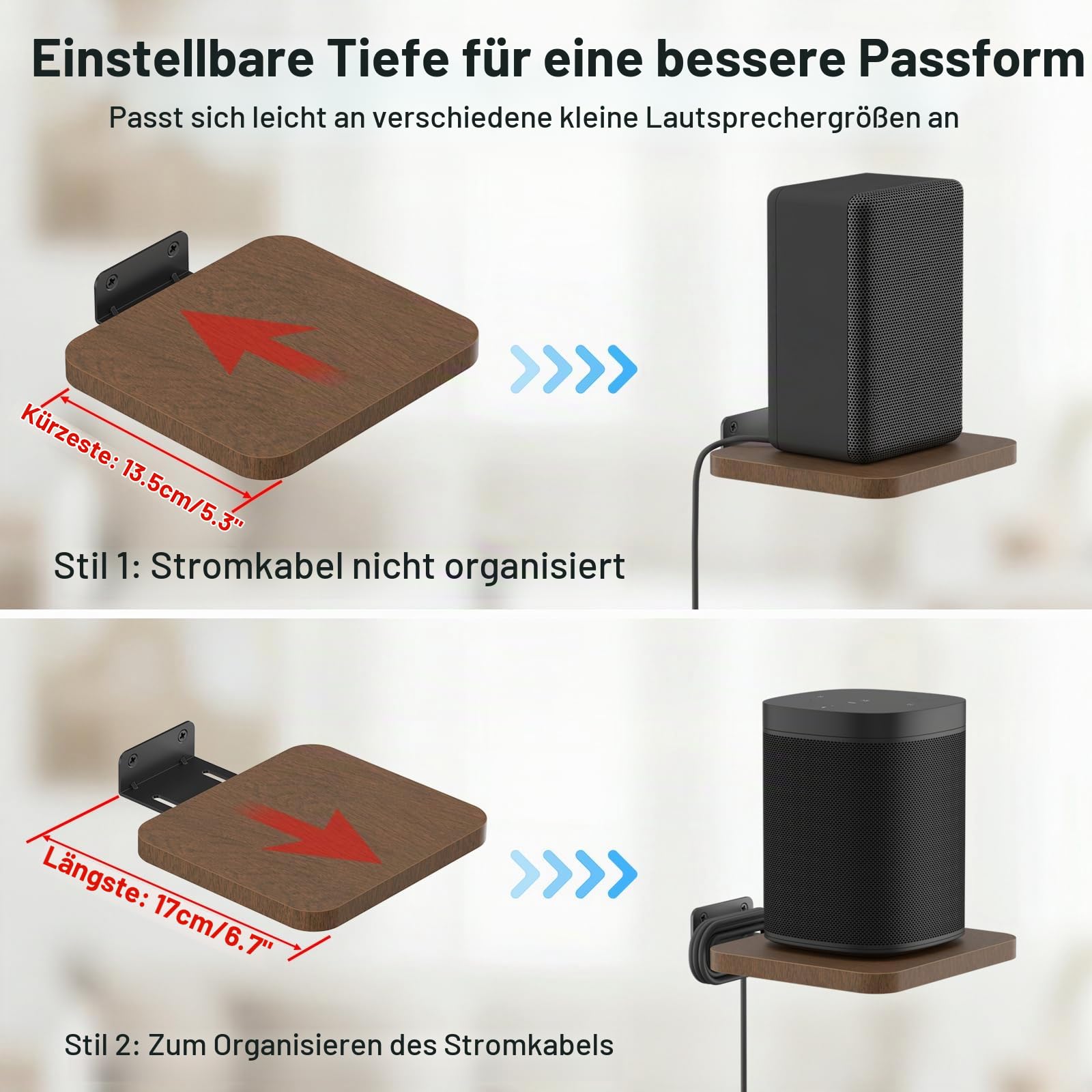 Universelle Rücklautsprecher-Wandhalterung für Samsung, Roku, Sony, JBL, Vizio, LG, kleine Lautsprecherhalterung, Holz, verstellbare Lautsprecherregal, Wandhalterung für die meisten