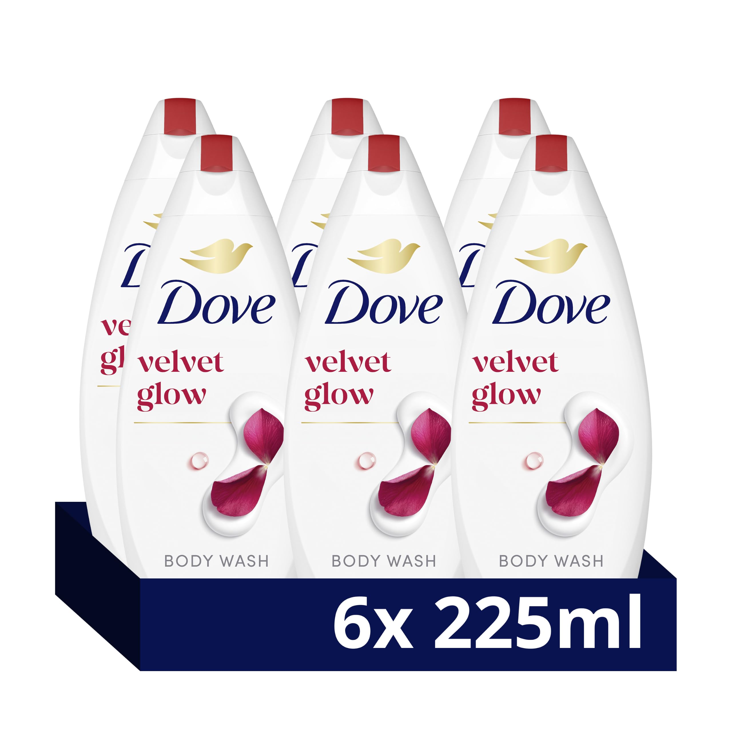 Dove Velvet Glow Body Wash Body Cleanser shower gel with plant-based moisturisers for softer, smoother skin after one shower 6x 225 ml