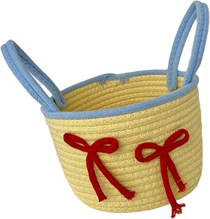QINZITAO Cesta de almacenamiento de cuerda de algodón tejida a mano con asa cómoda, elegante organizador de aperitivos para el hogar, la oficina y el uso al aire libre