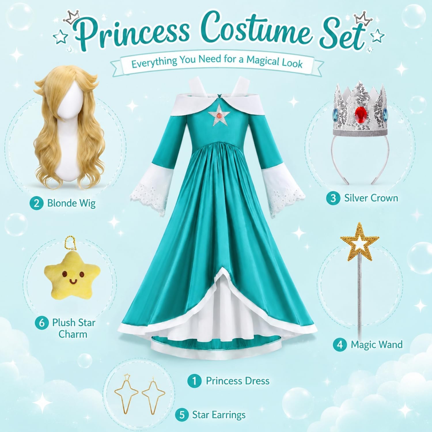 Girls Galaxy Princess Costume Outfit Set with Princess Accessories | Toddler Halloween Costumes with Wig Crown Headband Earrings Star Wand Plush for Birthday Party Dress Up
