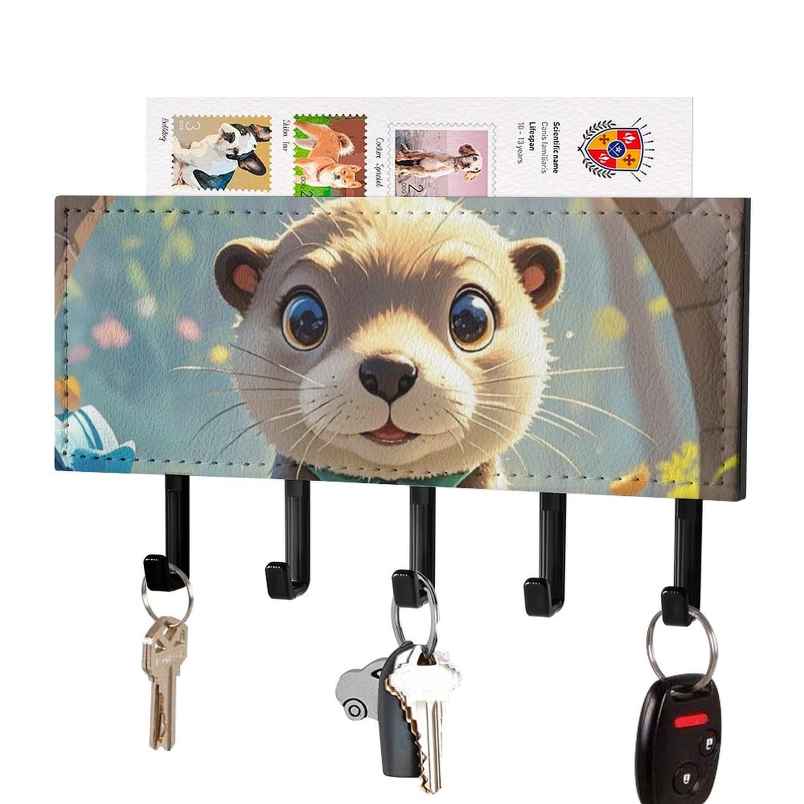 FekiLoot Cute Otter Key Holder Wall Mount Key Hanger with 5 Hooks Decorative Key Rack Hanging Key Hooks with Mail Organizer Key Holder for Wall Living Room Kitchen Bathroom Hallway Black