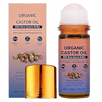 Castor Oil Roller, Organic Castor Oil with Rose Quartz Roller, Pure Cold-Pressed Organic Castor Oil for Face, Skin, Hair, Eyebrows & Lashes, Amber Glass Bottle with Rose Quartz Stone 1 Pcs