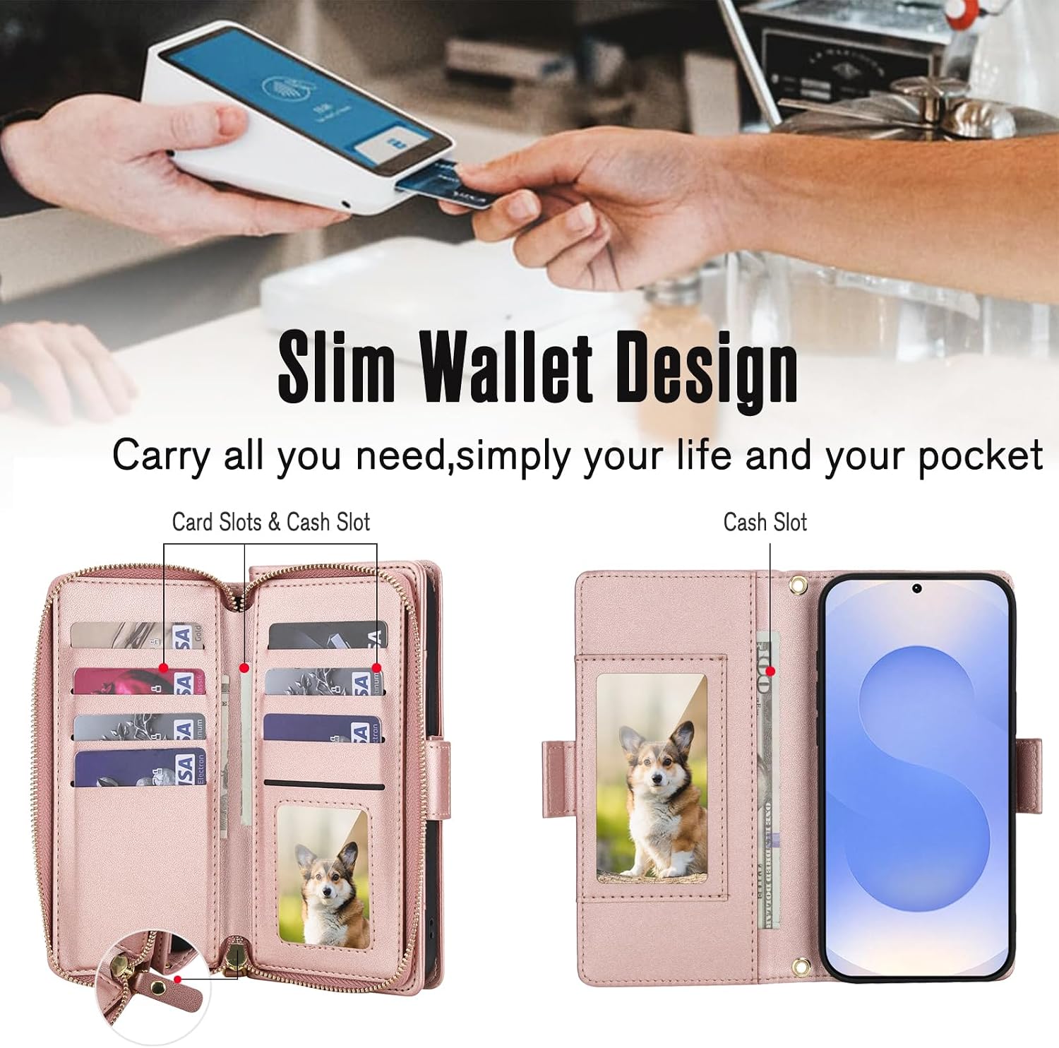 Compatible with Samsung Galaxy S24 FE 5G Wallet Case Zipper RFID Blocking and Screen Protector Crossbody Lanyard Strap Card Holder Slots S 24 EF AI S24FE 24S 24FE Phone Cover for Women Men Rose Gold