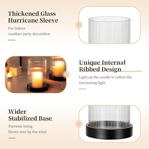 Miniatura 5 de Glasseam Portavelas de cristal de huracán portavelas de pilar negro, juego de 2 portavelas de cristal transparente acanalado con bandeja de vela de