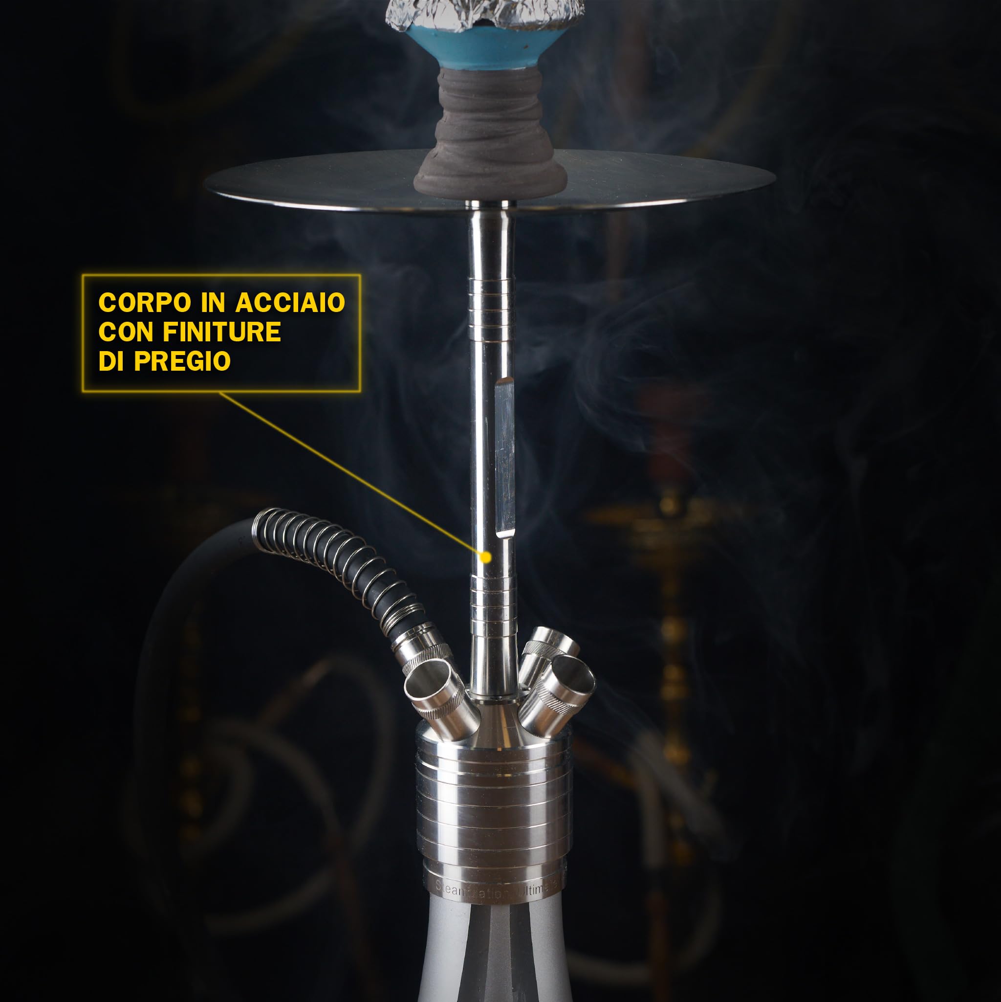 Steamulation Cachimba Ultimate Silver Metallic Gen.I | Shisha de Acero Inoxidable con Manguera de Silicona, Boquilla, Pinza, Cazoleta de Piedra HMD + 1 kg Carbón Cocobration 27 mm