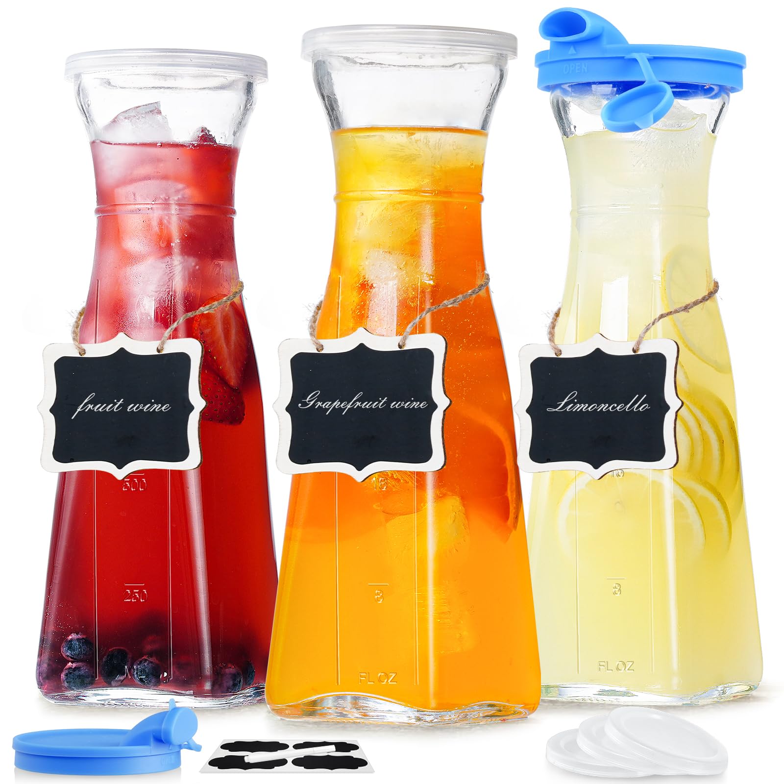 3 Pack 35 Oz Square Glass Carafe with 5 Lids and 2 Silicone Pour Spouts! Juice Pitchers for Fridge - Glass Beverage Dispensers for Water, Iced Tea, Beverage, Milk, Cold Brew, and Mimosa Bar