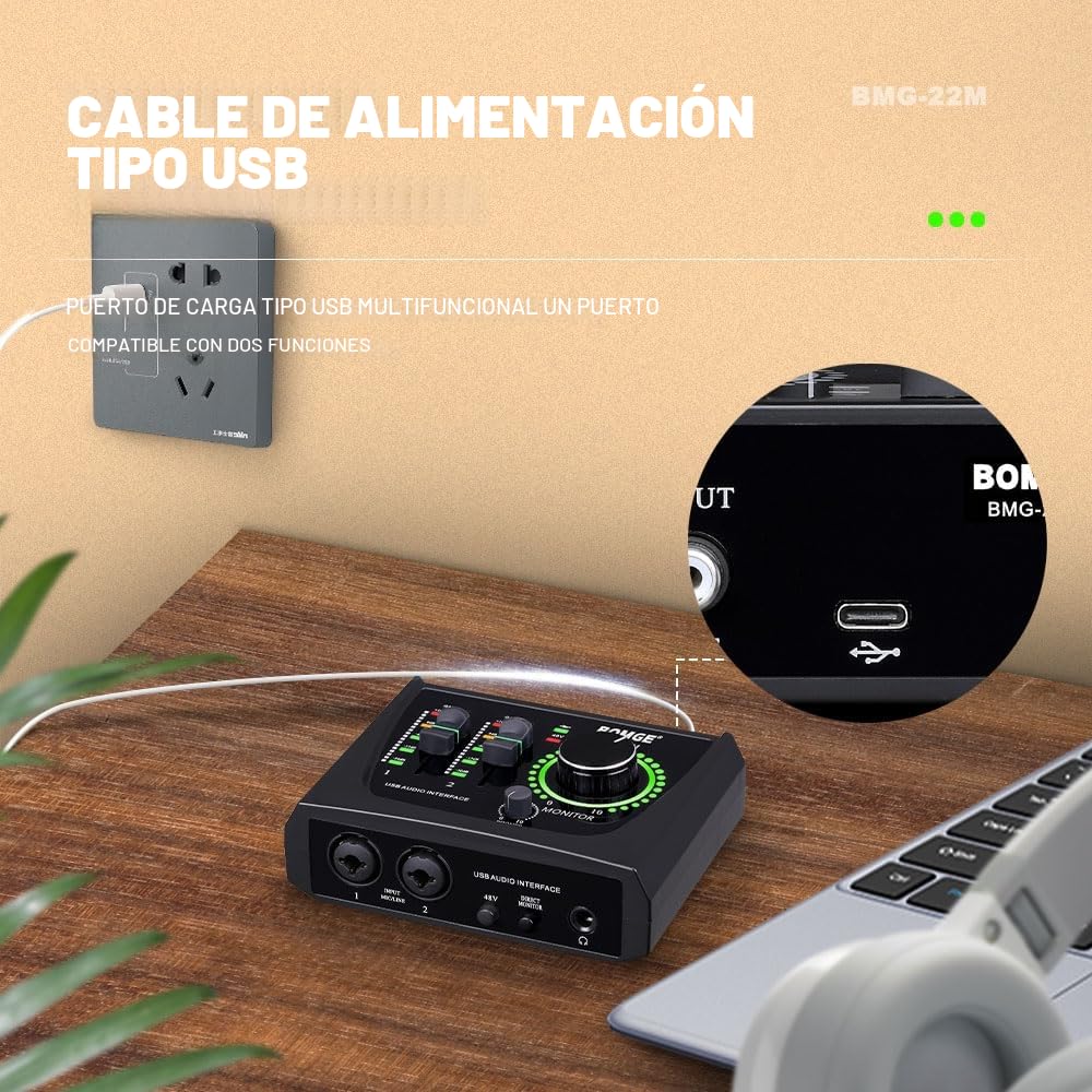 BOMGE Mini interfaz de audio USB de 2 canales para grabación, transmisión y podcasting, con alimentación fantasma XLR/48V, audio de calidad de estudio para guitarrista, vocalista,