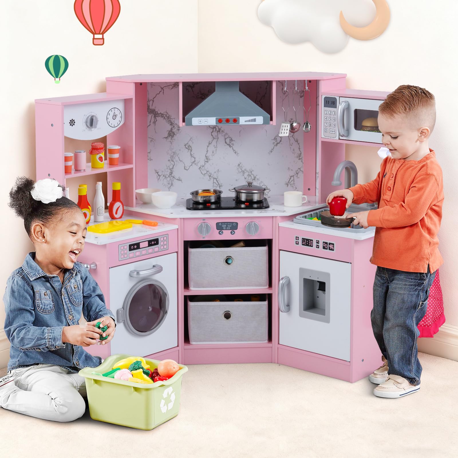 COSTWAY Cucina Giocattolo per Bambini, Set Cucina in Legno con Accessori, Luci e Suoni, Cappa, Fornelli, Microonde e Lavatrice, per Bambini 3+ Anni, 102 x 51 x 85 cm (Rosa)