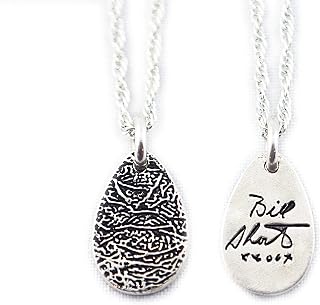 Personalized Fingerprint and Handwriting Necklace, Silver Finger Print Impression Pendant - Tear Drop Shape - Keepsake Memorial Jewelry