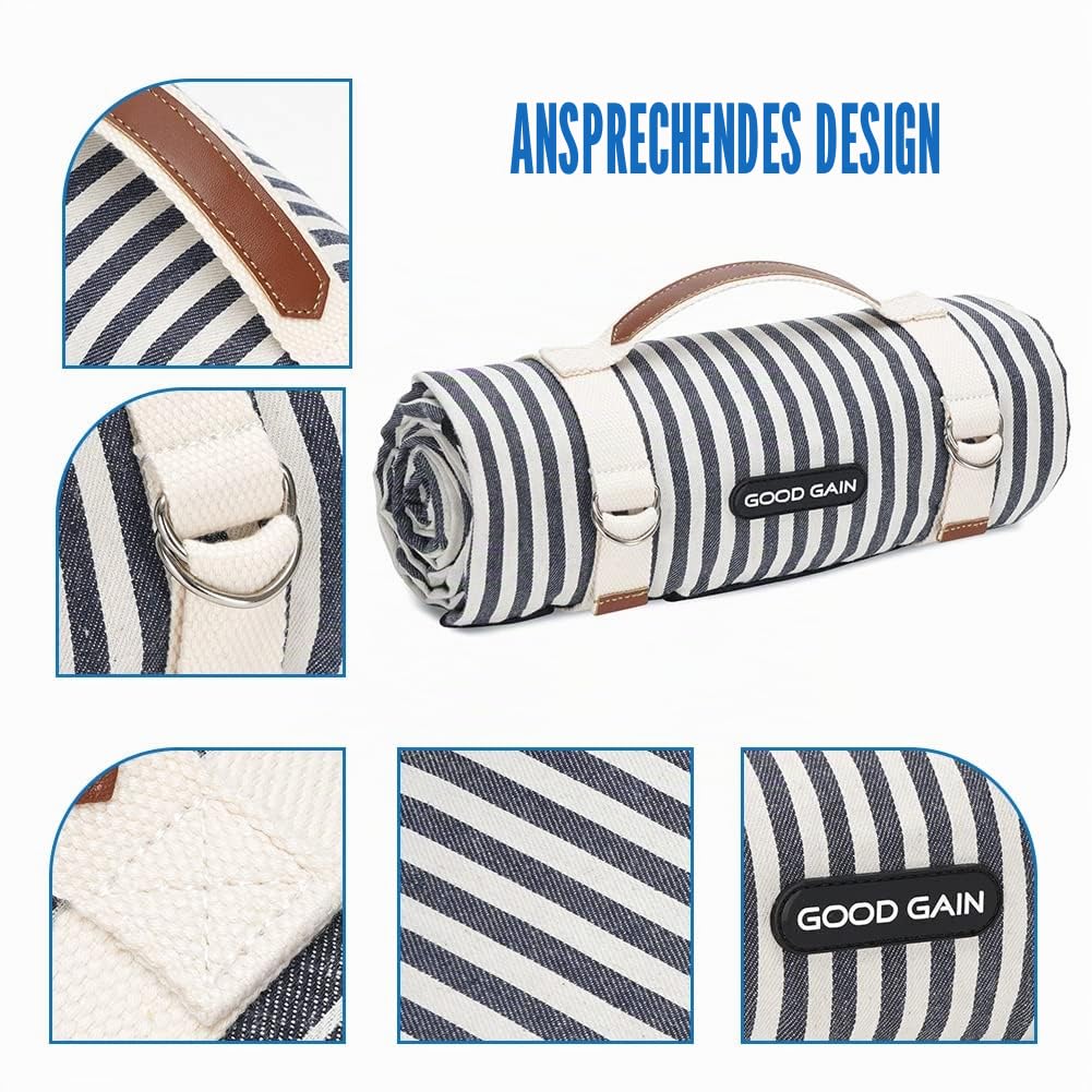 G Good GAIN wasserdichte und tragbare Picknickdecke mit Tragegurt, Strand- oder Familien-Campingmatte, extra große Faltbare Picknickmatte, sanddicht zum Wandern, 145 x 200 cm