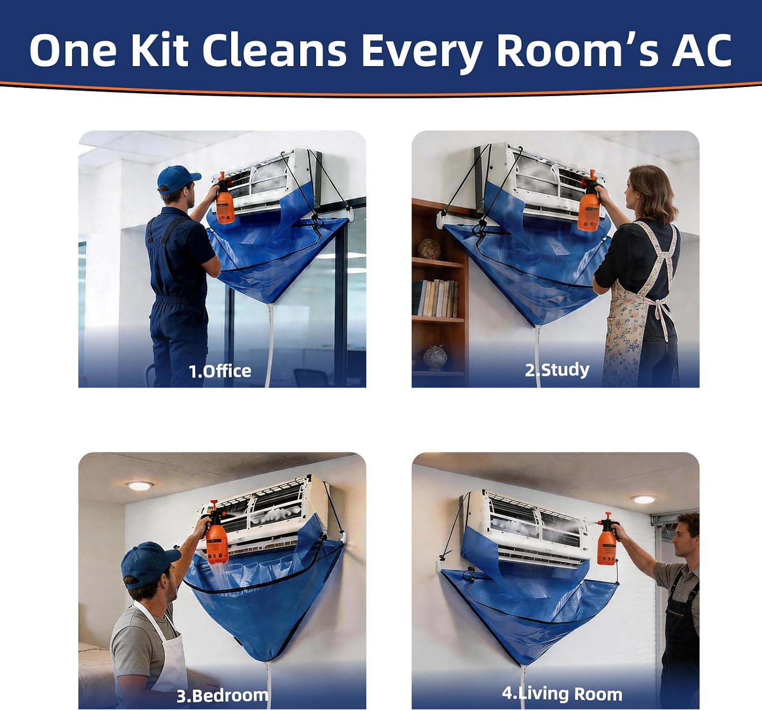 Steel Tube Support Mini Split AC Cleaning Kit Bag with Newly Developed Thick-Coated Waterproof Cleaning Cover, 2L High Pressure Sprayer and Cleaning Accessories, Blue, Large