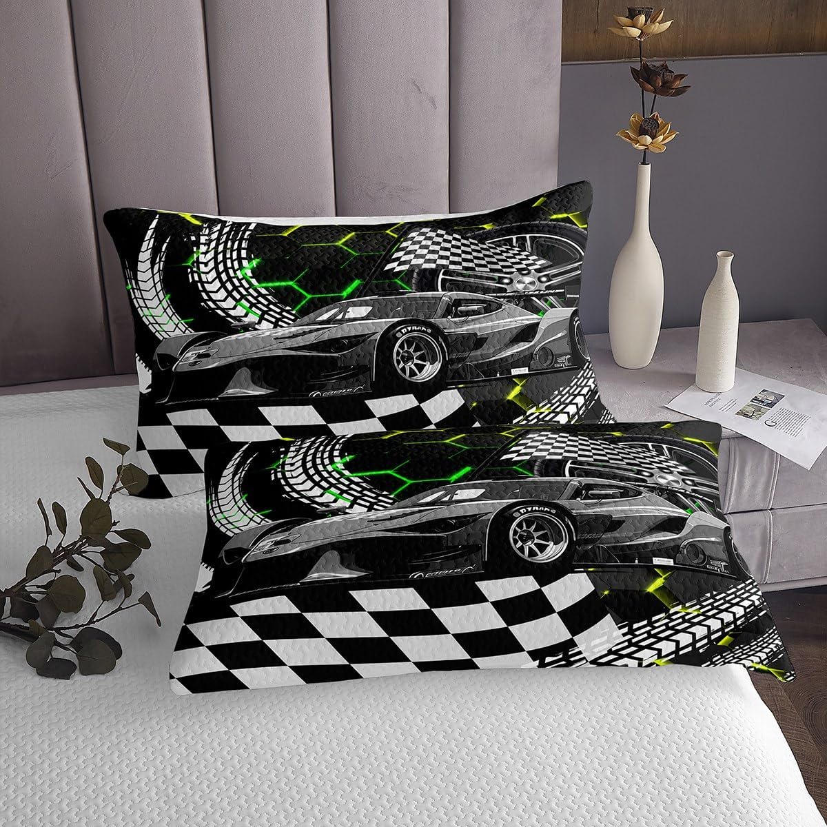 Race Car Bedspread Set Glitter Honeycomb Quilt Set Yellow Green Neon Lights Beehive Geometric Hexagon Coverlet Set King,Cool Sports Car Quilted Black and White Lattice Grid Buffalo Plaid Decor