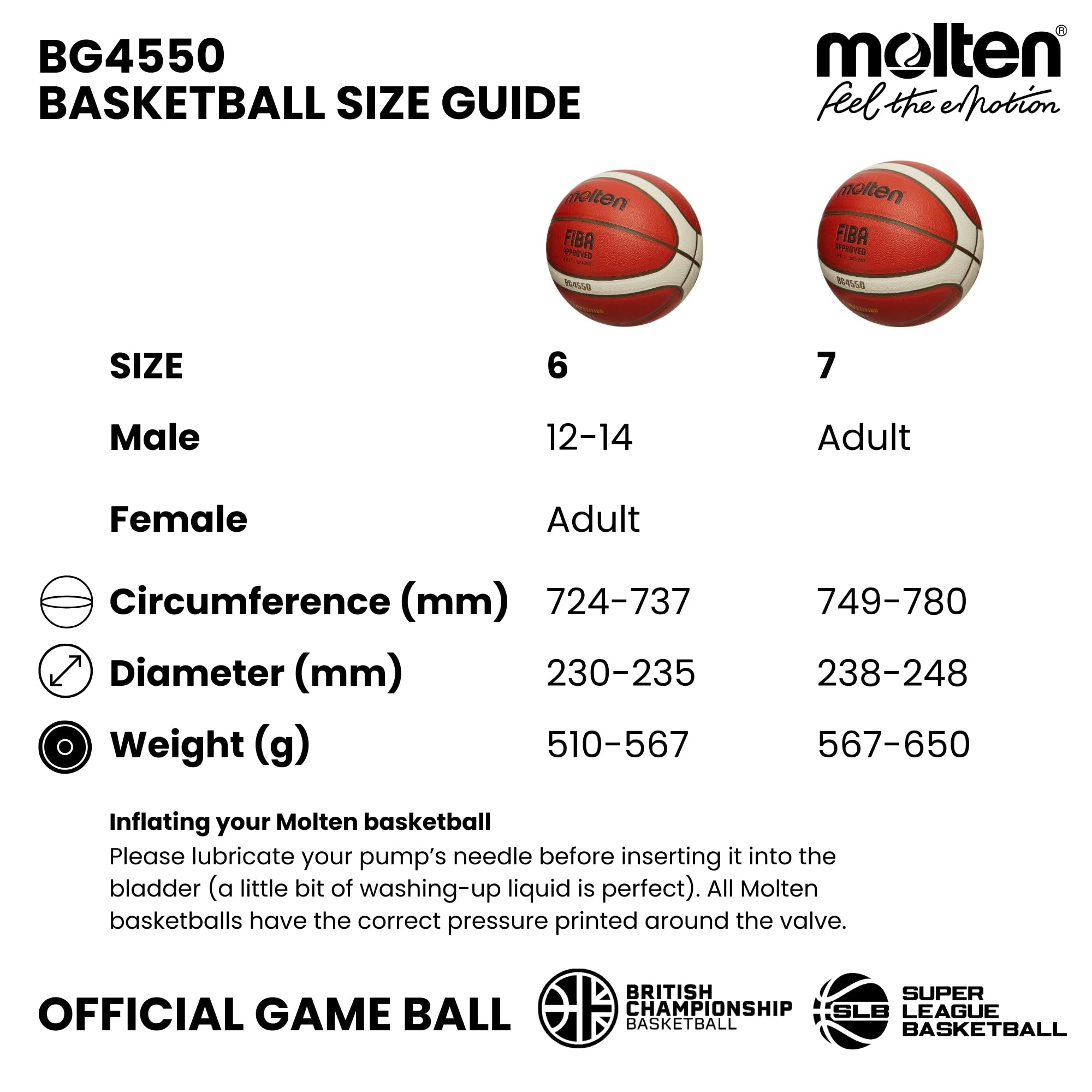 Molten BG4550 Wettspielball - FIBA Basketball aus Premium Synthetik-Leder Gr. 6, 7
