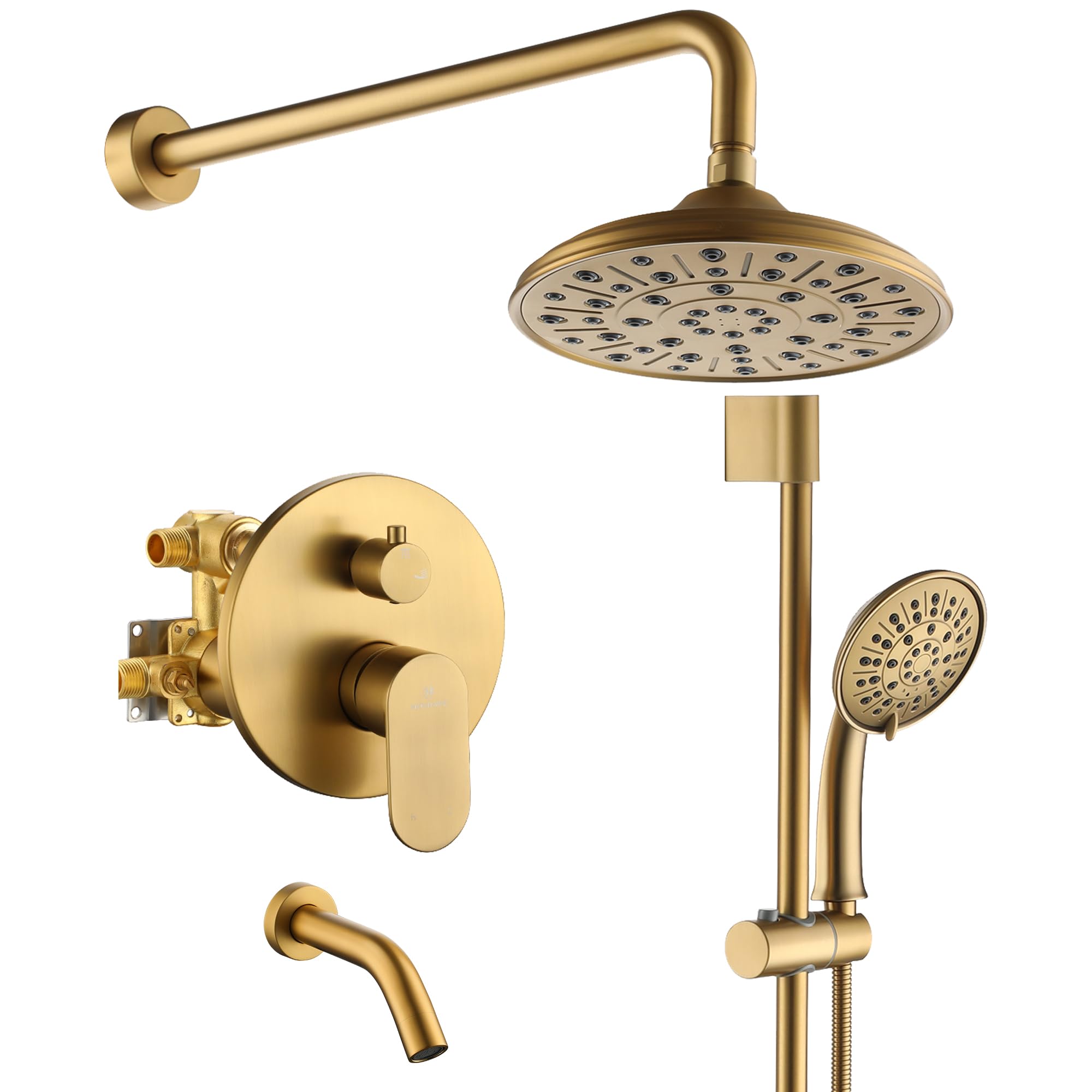 MONDAWE Shower System with Tub Spout, Shower Faucets Sets Complete with 8" Rainfall Shower Head with Handheld, Wall Mounted Bathtub Faucet Shower in Gold for Bathroom