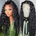 FIRIEYA 13x4 Deep Wave Lace Front Wigs Human Hair 180% Density Glueless HD Transparent Lace Frontal Human Hair Wigs Pre-Plucked Natural Color (22inch, Natural Black)