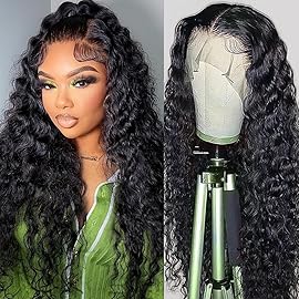 FIRIEYA 13x4 Deep Wave Lace Front Wigs Human Hair 180% Density Glueless HD Transparent Lace Frontal Human Hair Wigs Pre-Plucked Natural Color (22inch, Natural Black)