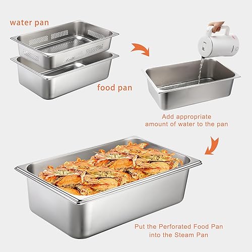 Miniatura 4 de Tioncy Paquete de 2 sartenes de hotel de tamaño completo con bandeja de vapor perforada, bandeja de vapor de acero inoxidable, suministros