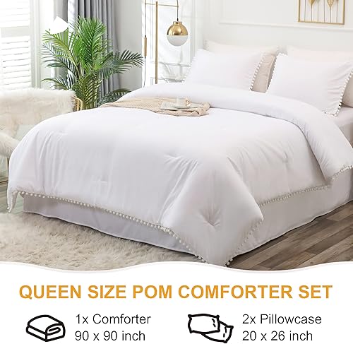 Miniatura 3 de YOZEN Juego de edredón blanco tamaño Queen (90 x 90 pulgadas), juego de edredón Queen de 3 piezas (1 edredón con flecos y 2 fundas de almohada),