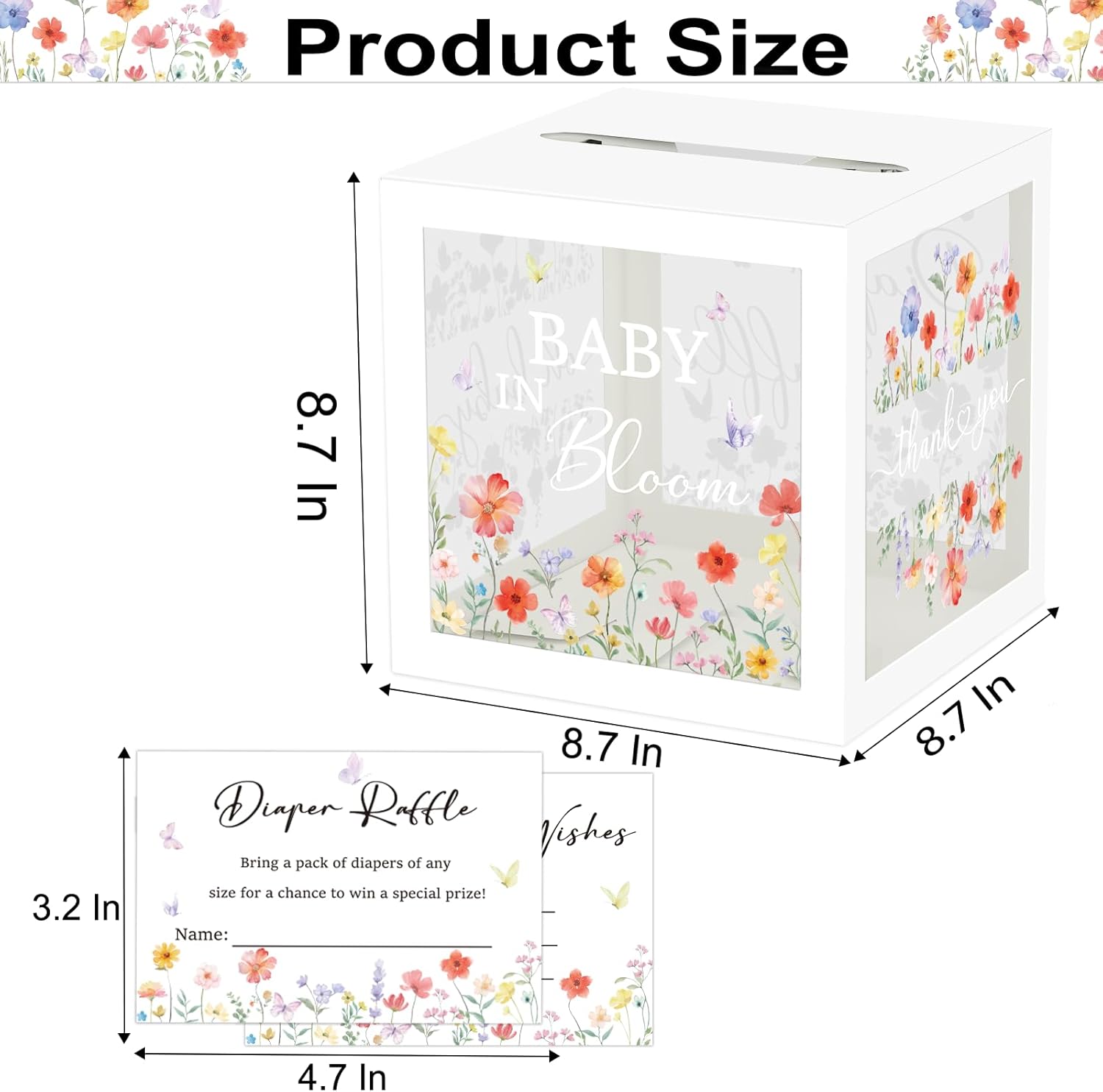 QISOLIY 50 Pieces Diaper Raffle Tickets with Box Baby Shower Game Invitations with Advice and Wishes for Baby Shower Games Gender Reveal Party Supplies (Clear Wildflower)
