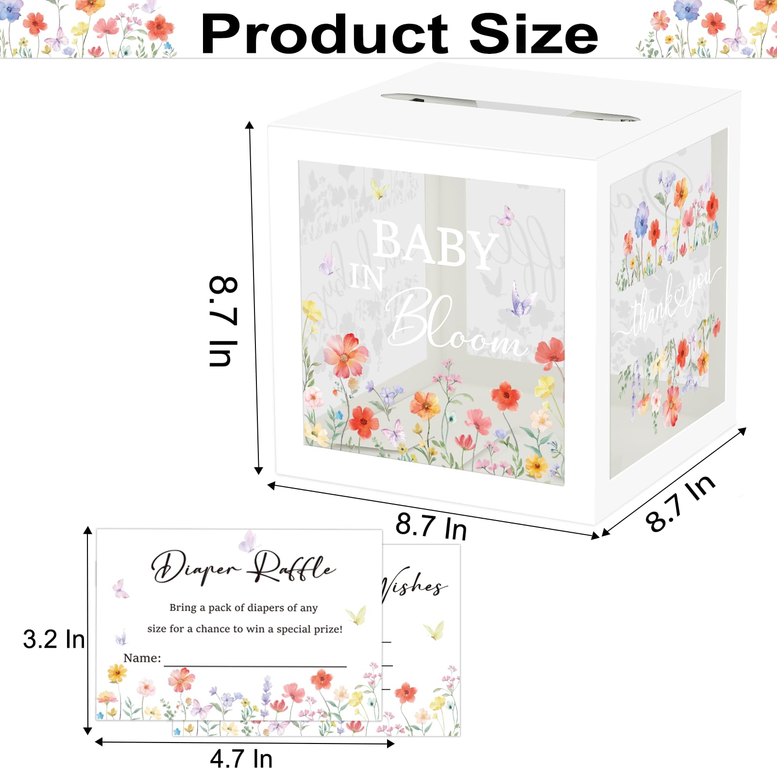 QISOLIY 50 Pieces Diaper Raffle Tickets with Box Baby Shower Game Invitations Diaper Raffle Cards Diaper Raffle Box Set for Baby Shower Gender Reveal Party Supplies Card Box (Clear Wildflower)