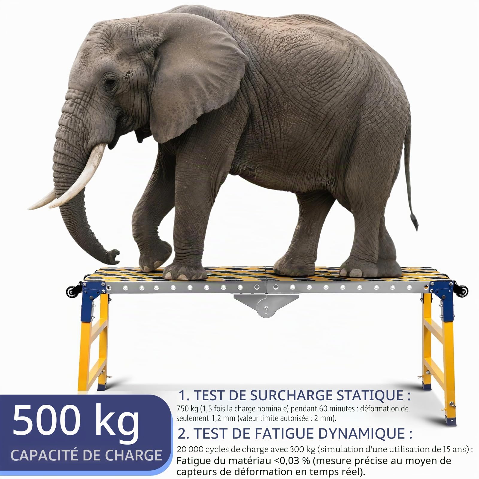 Plateforme de travail stable 2 en 1 + table de soudage mobile avec bandes adhésives antidérapantes - 160 x 36 cm - Plateforme de travail pliable - Établi galvanisé avec hauteur réglable - Charge