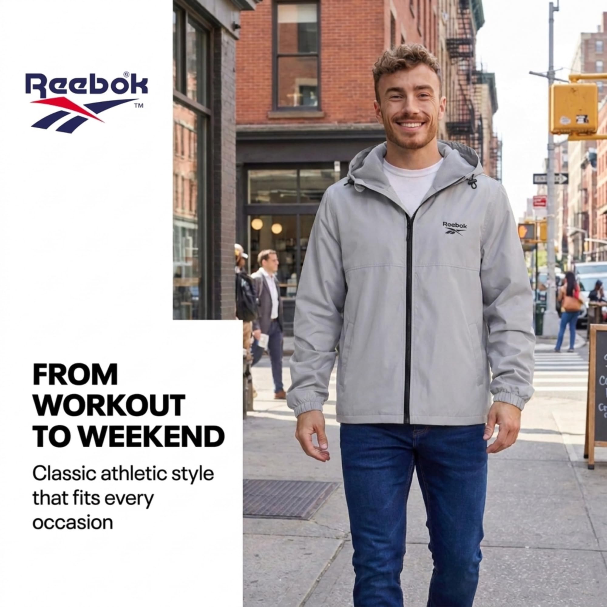 Reebok Chaqueta impermeable para hombre con capucha, cortavientos para hombre, ligera e impermeable