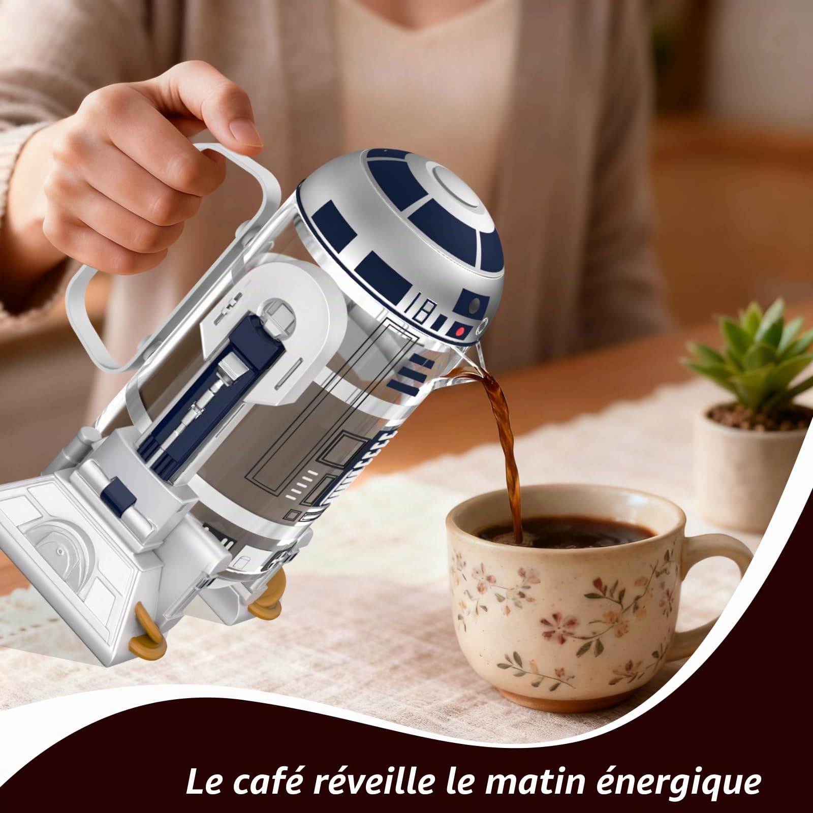 TEENKON Cafetière à piston française isolée en acier inoxydable 304, robot R2D2 de 946 ml, avec écran de filtre pour infusion du café et du thé (blanc)