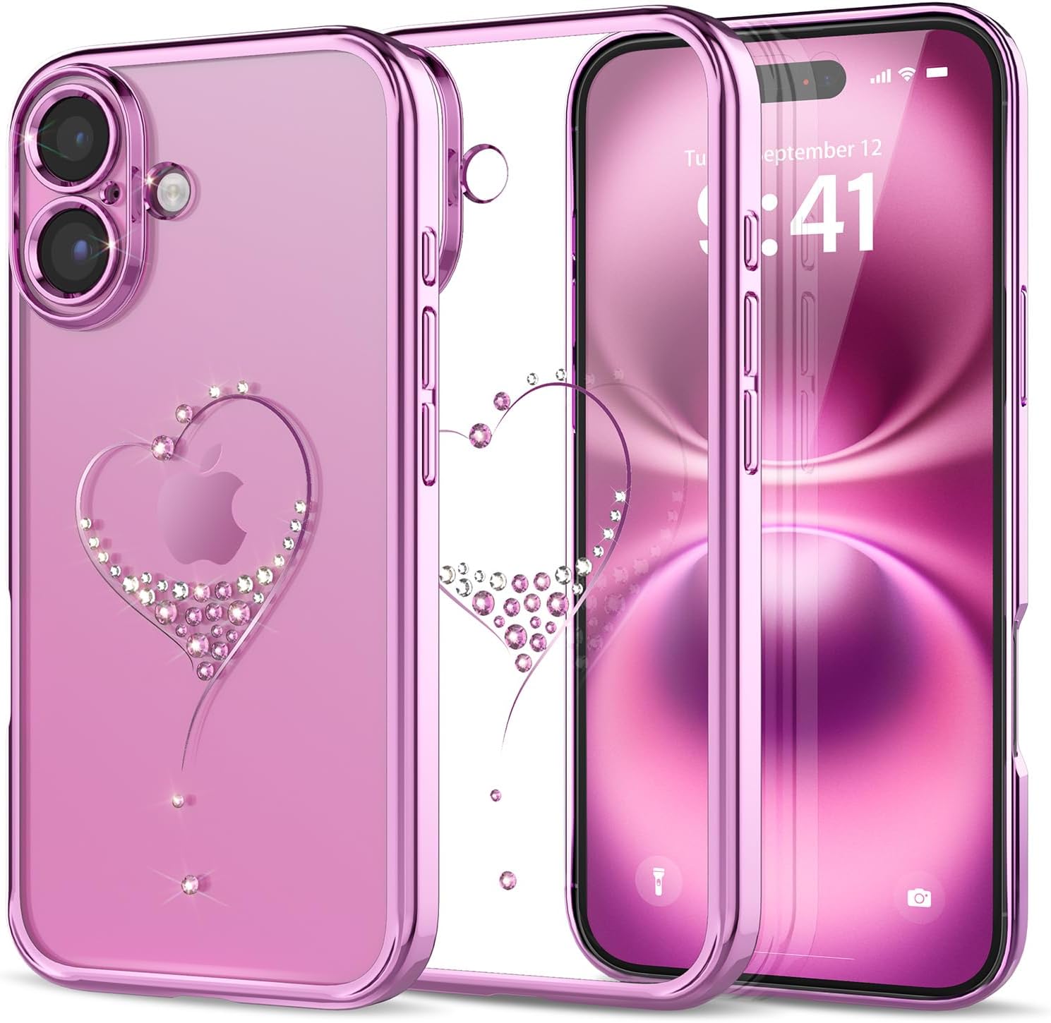for iPhone 16 Case, Clear Phone Case for iPhone with Sparkly Bling Crystal, Original Classic Heart Design, Shockproof Protective Girly Phone Cover for iPhone for Women