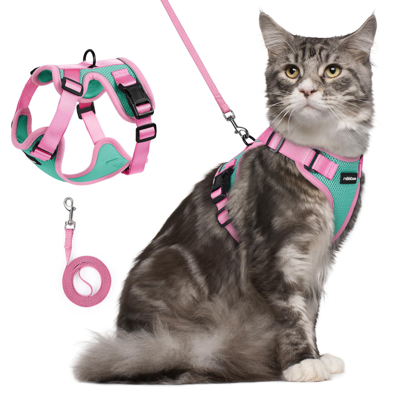 rabbitgoo Cat Harness and Leash Set, Escape Proof, Green &amp; Pink