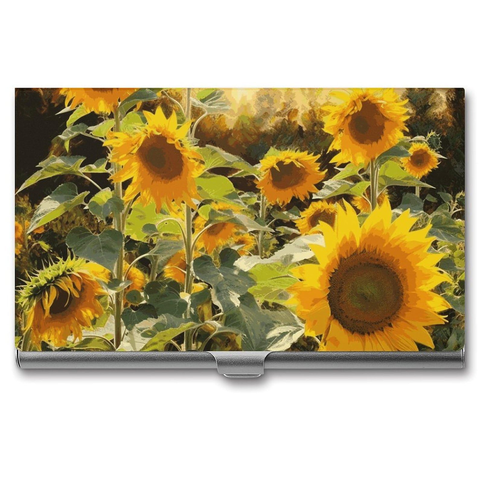 Fekiloot Unisex Silver Sunflowers After Rain Card Holder Color Business Card Box Magnetic Travel Card Case Wallet Portable Business Card Carrier Suitable For Business Professionals Office