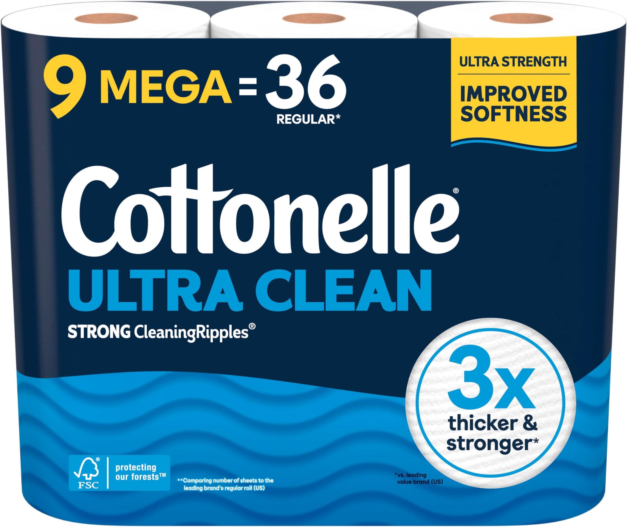 Cottonelle Ultra Clean Toilet Paper, 9 Mega Rolls = 36 Regular Rolls, Packaging May Vary