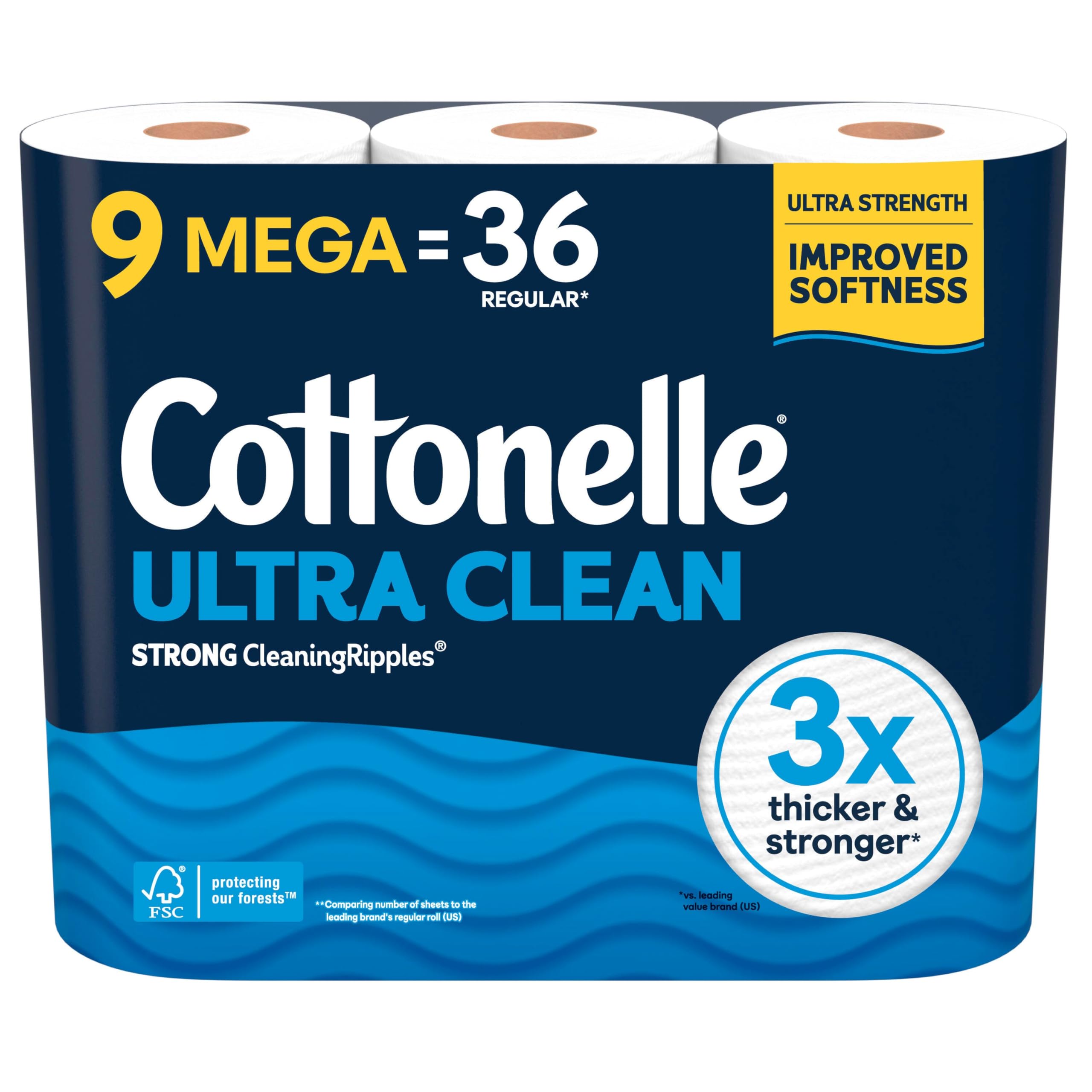 Cottonelle Ultra Clean Toilet Paper, 9 Mega Rolls = 36 Regular Rolls, Packaging May Vary