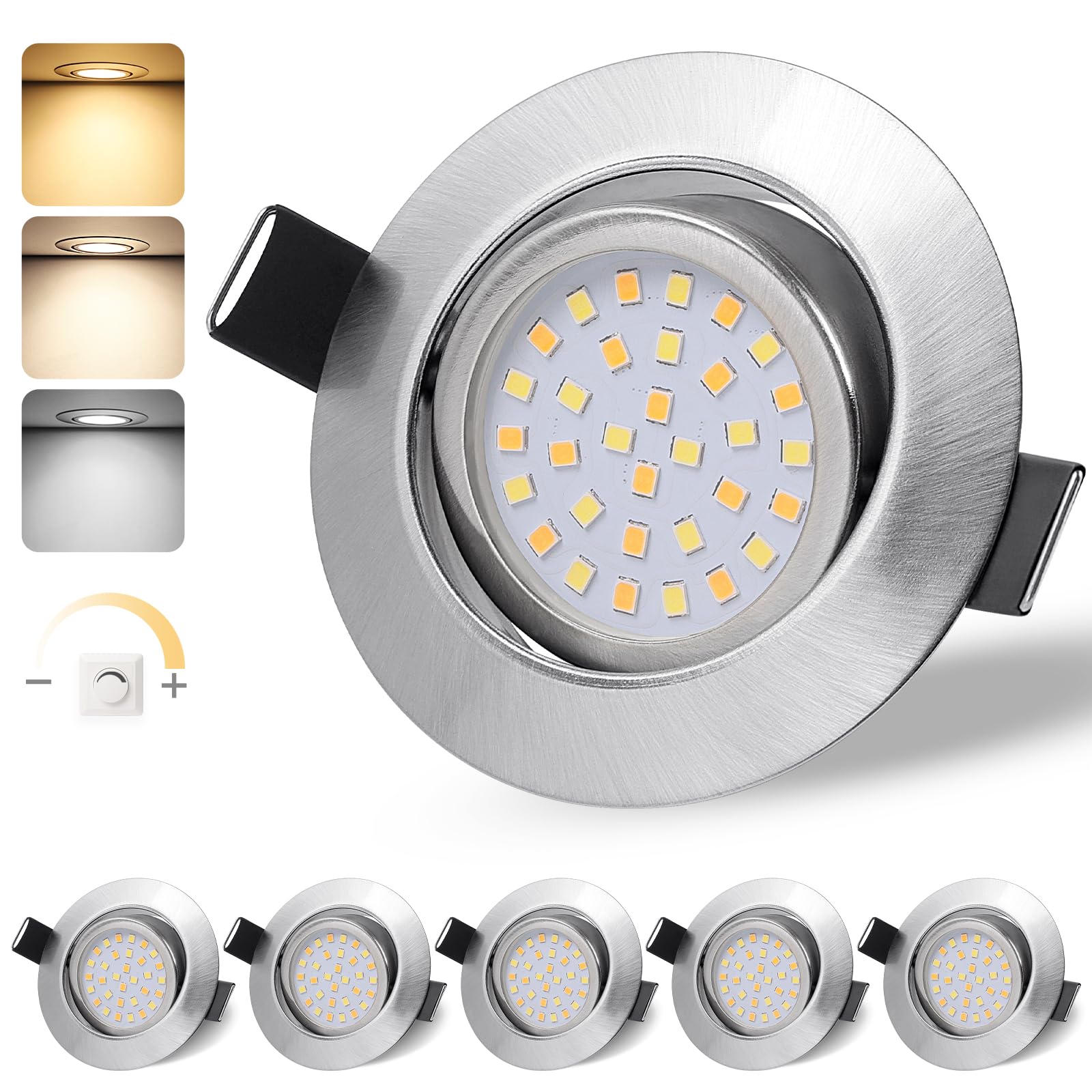 GeyouLux LED Einbaustrahler 230V Dimmbar, 6W IP44 Deckenspots, Einbauleuchten 65-75mm EinbauØ, 45° Schwenkbar 3000K/4000K/6500K Flach Einbauspots, 3CCT Spots für Badezimmer Wohnzimmer 6er Set Nickel