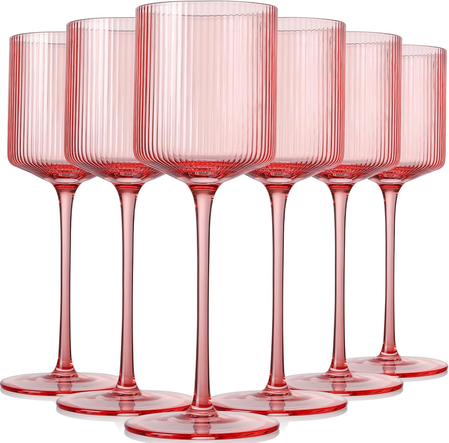 Pink Square Wine Glasses Set of 6, Elegant Ribbed Design Colored Crystal Glassware with Long Stem, 11.5oz Hand Blown Stemware For Red & White Wine Home Bar Party